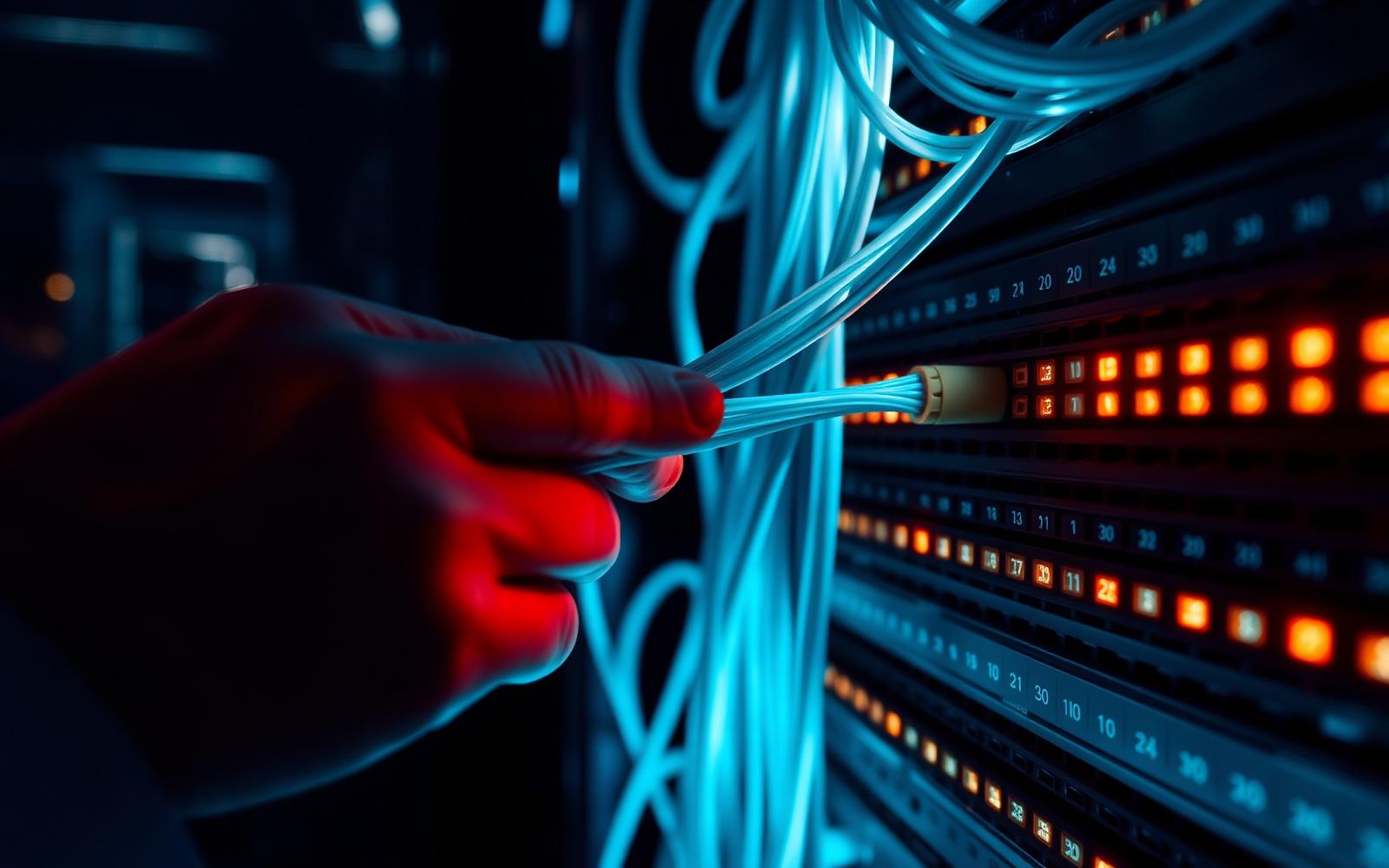 Technician terminating fiber optic cabling into a patch panel